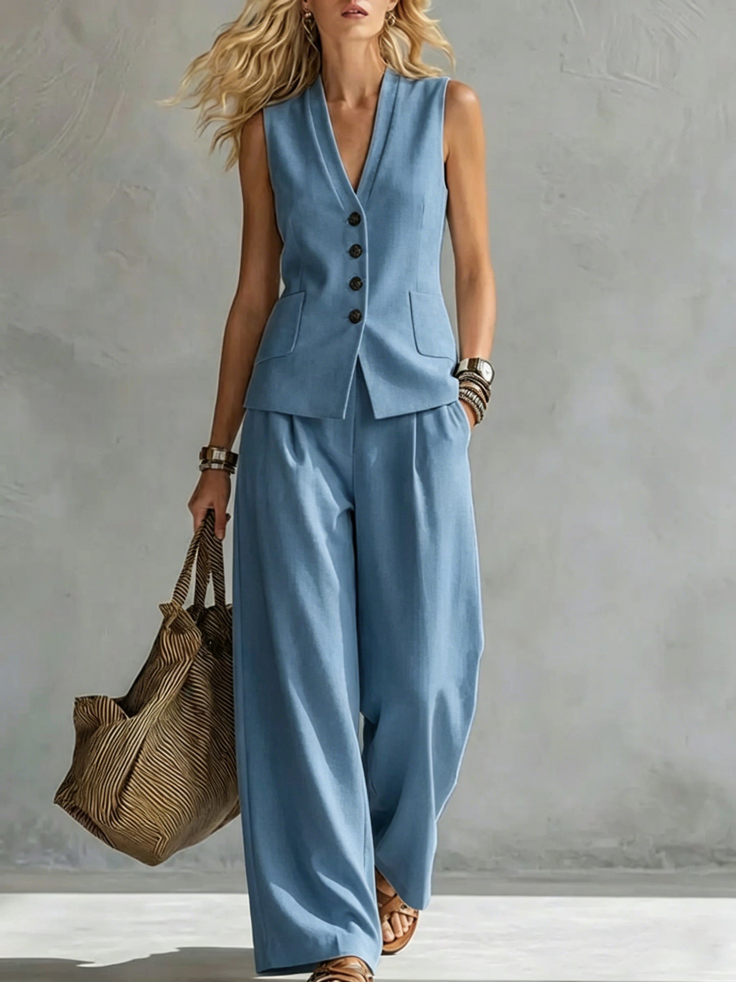 Two-piece V-Neck Sleeveless Vest And Wide Leg Pants For Women Summer Solid-Colored Sleeveless Casual Linen Tank Top And Pants Set - FocusForge