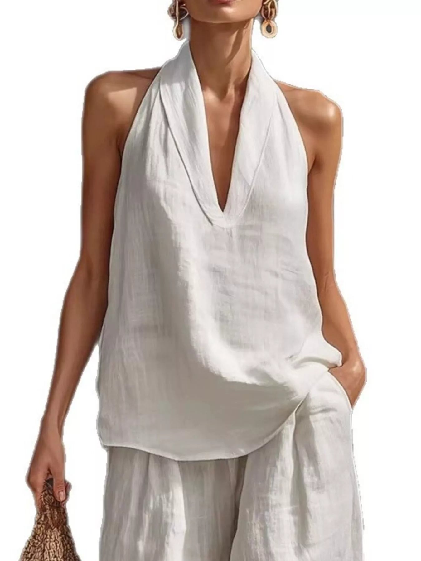 Full Size Halter Neck Top and Wide Leg Pants Set Plus Size