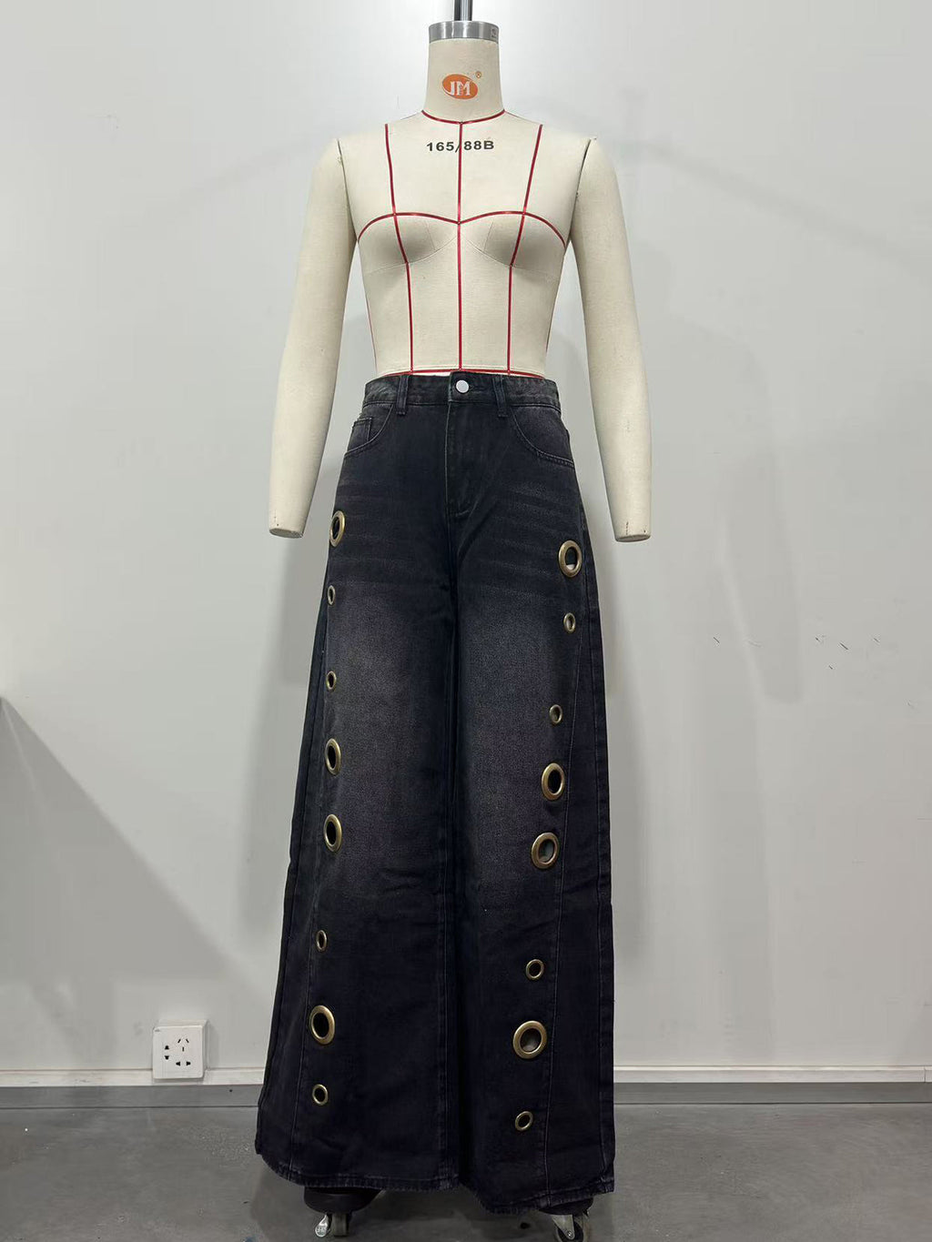 High Waist Loose Geometric Hollow Pockets Split Jeans