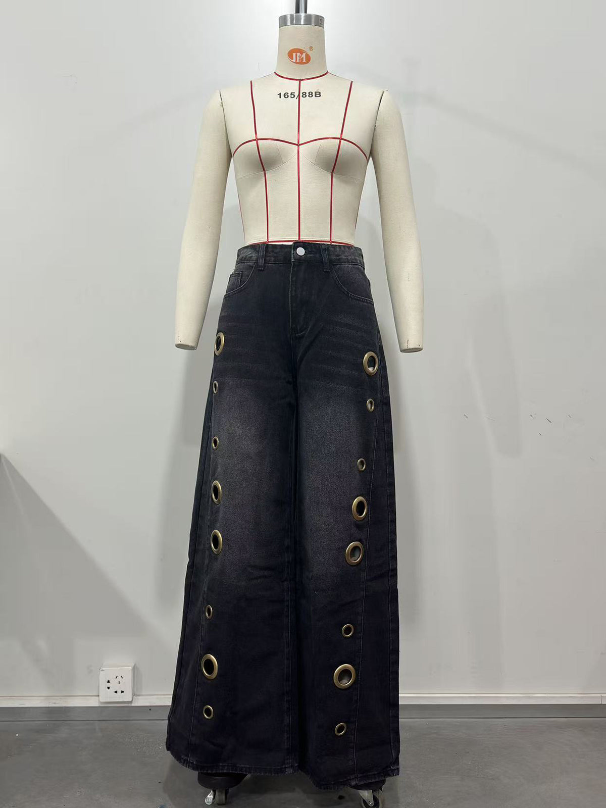 High Waist Loose Geometric Hollow Pockets Split Jeans