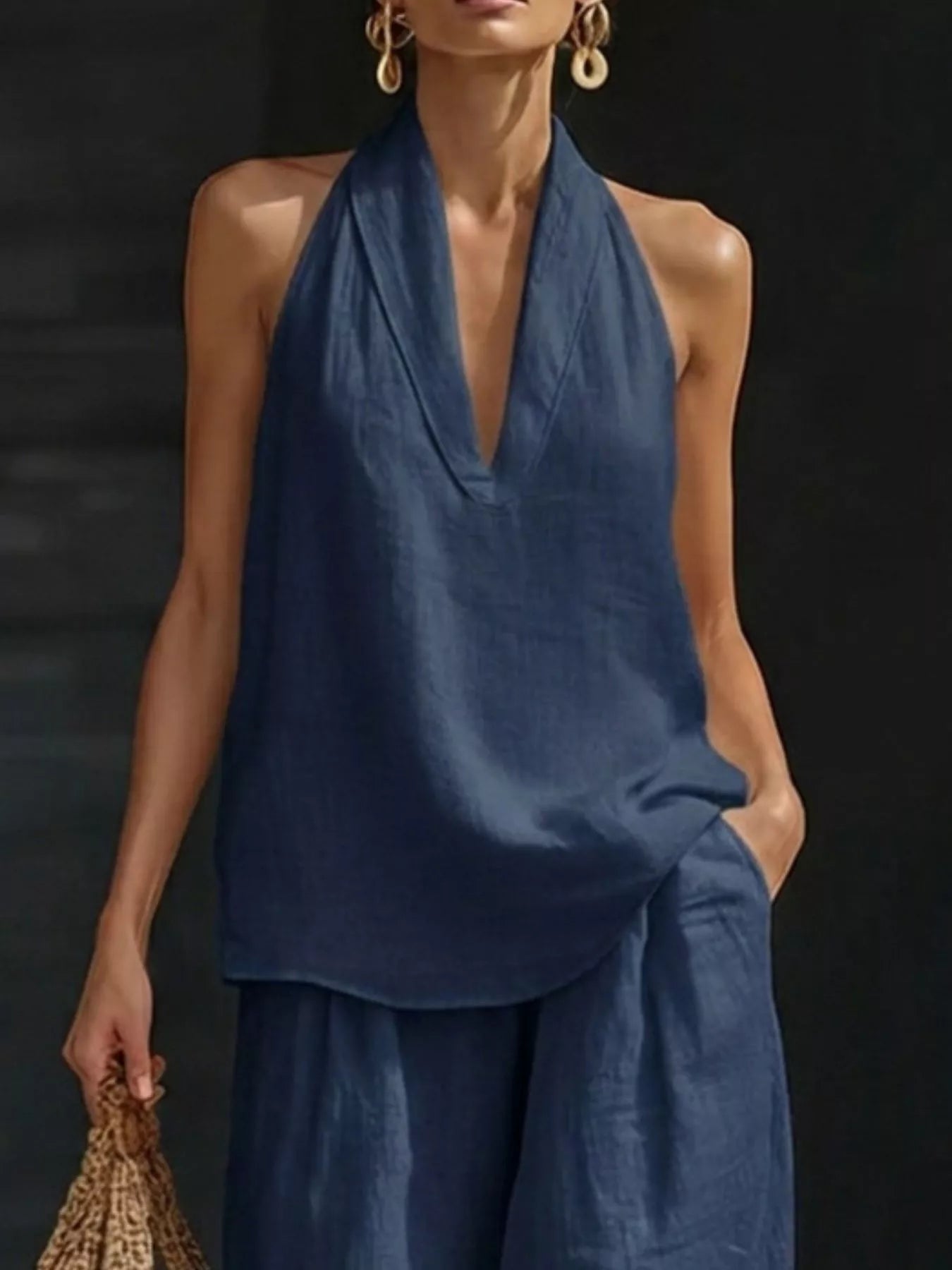 Full Size Halter Neck Top and Wide Leg Pants Set Plus Size