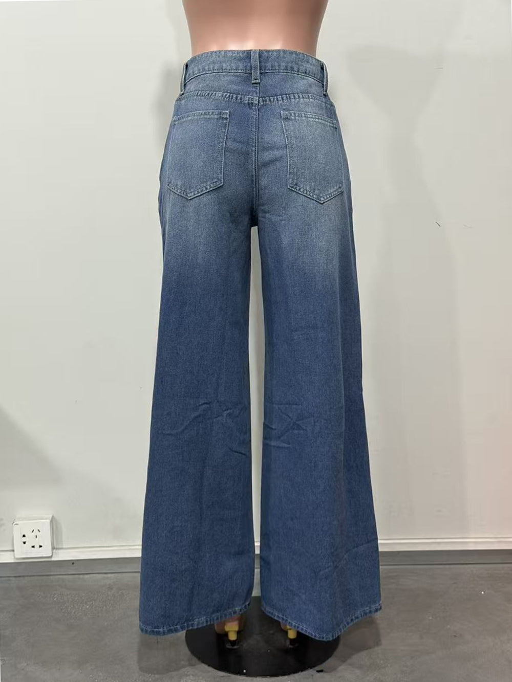 High Waist Loose Geometric Hollow Pockets Split Jeans