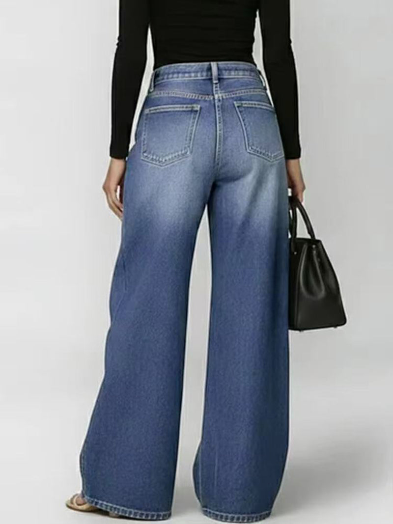 High Waist Loose Geometric Hollow Pockets Split Jeans