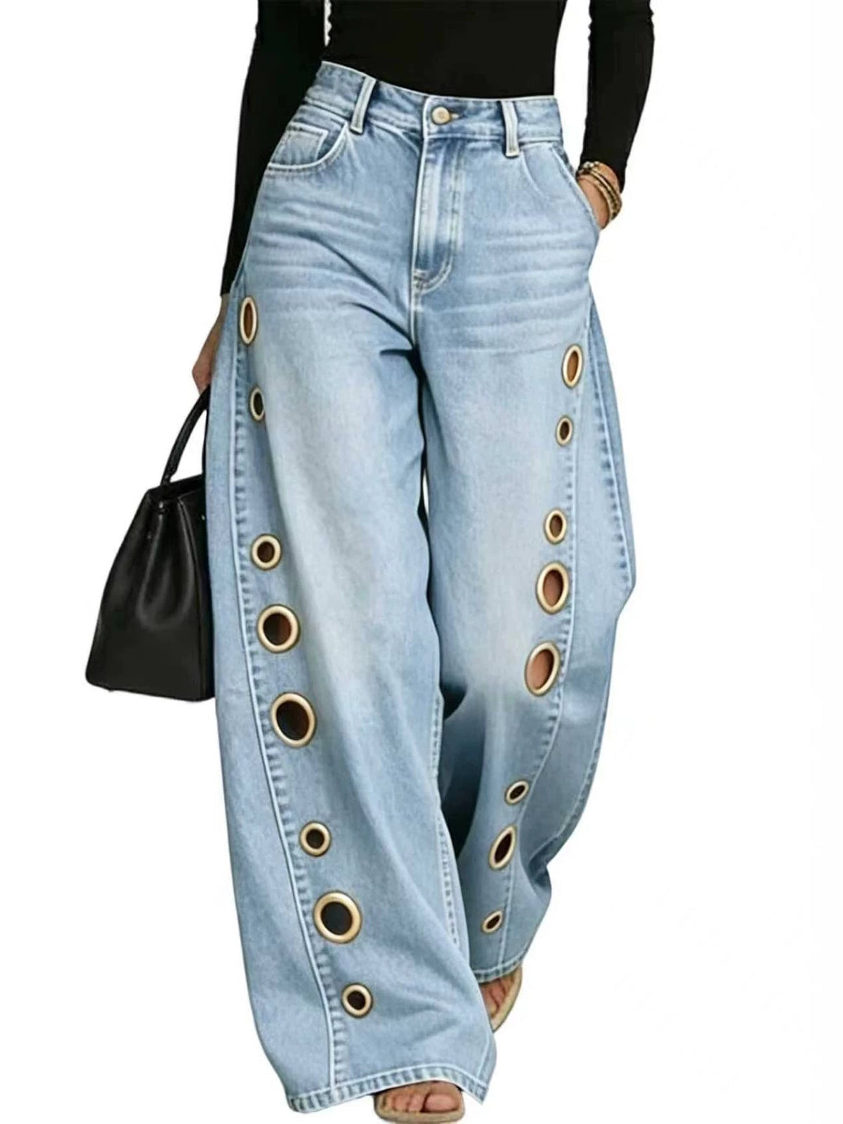 High Waist Loose Geometric Hollow Pockets Split Jeans