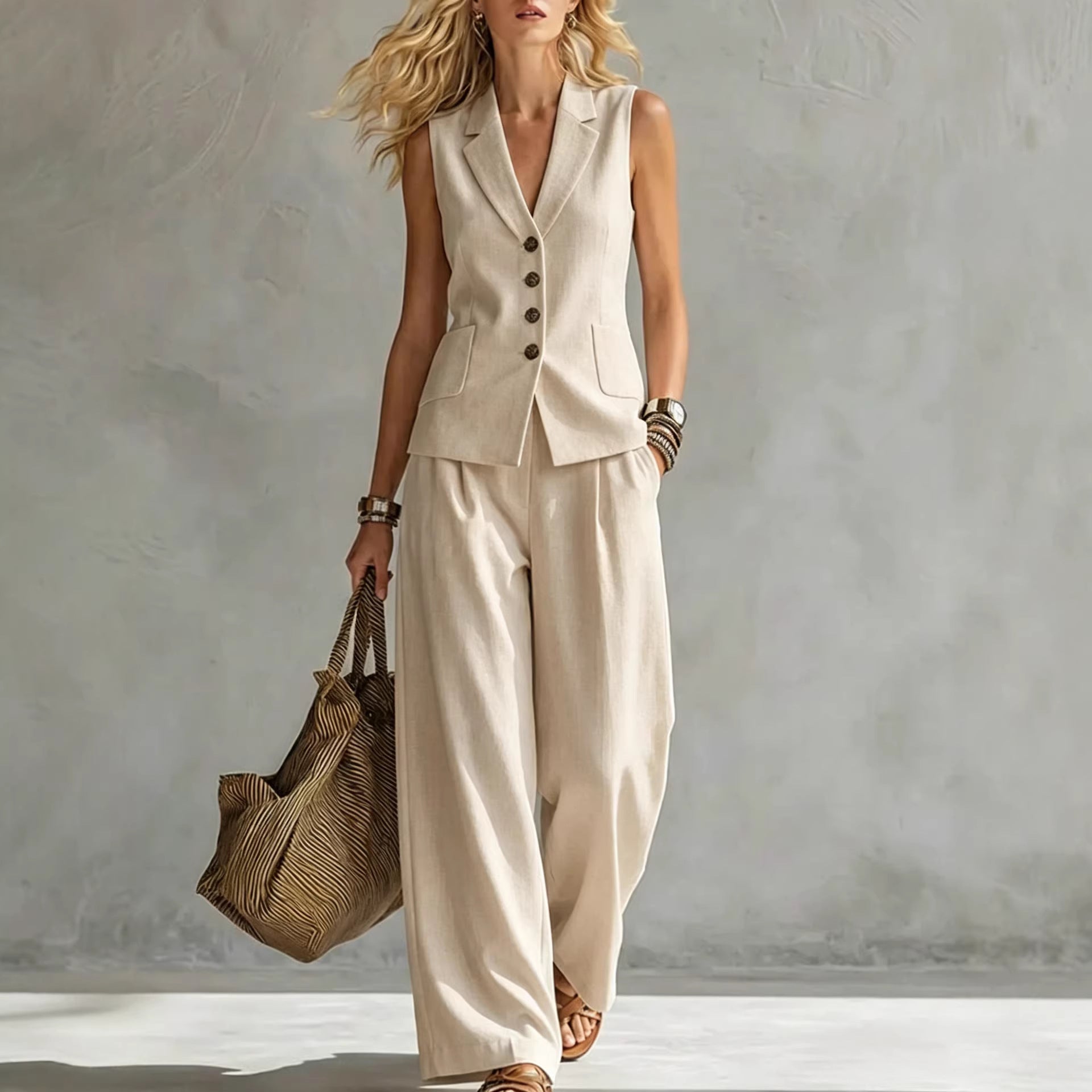 Two-piece V-Neck Sleeveless Vest And Wide Leg Pants For Women Summer Solid-Colored Sleeveless Casual Linen Tank Top And Pants Set - FocusForge