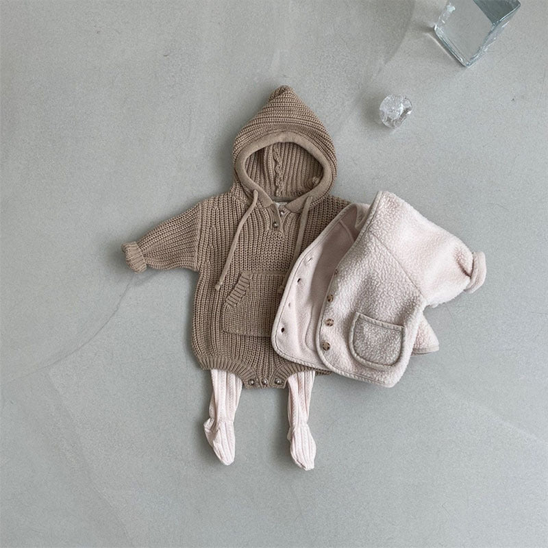Baby Boys And Girls Pocket Hooded Knitted Jumpsuit Romper - FocusForge