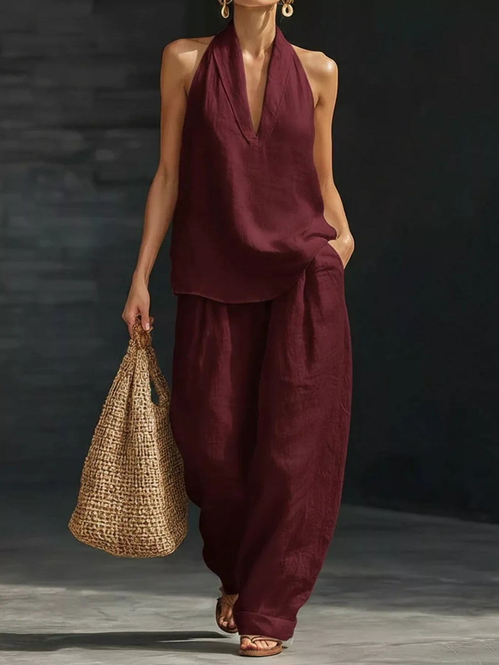 Full Size Halter Neck Top and Wide Leg Pants Set Plus Size