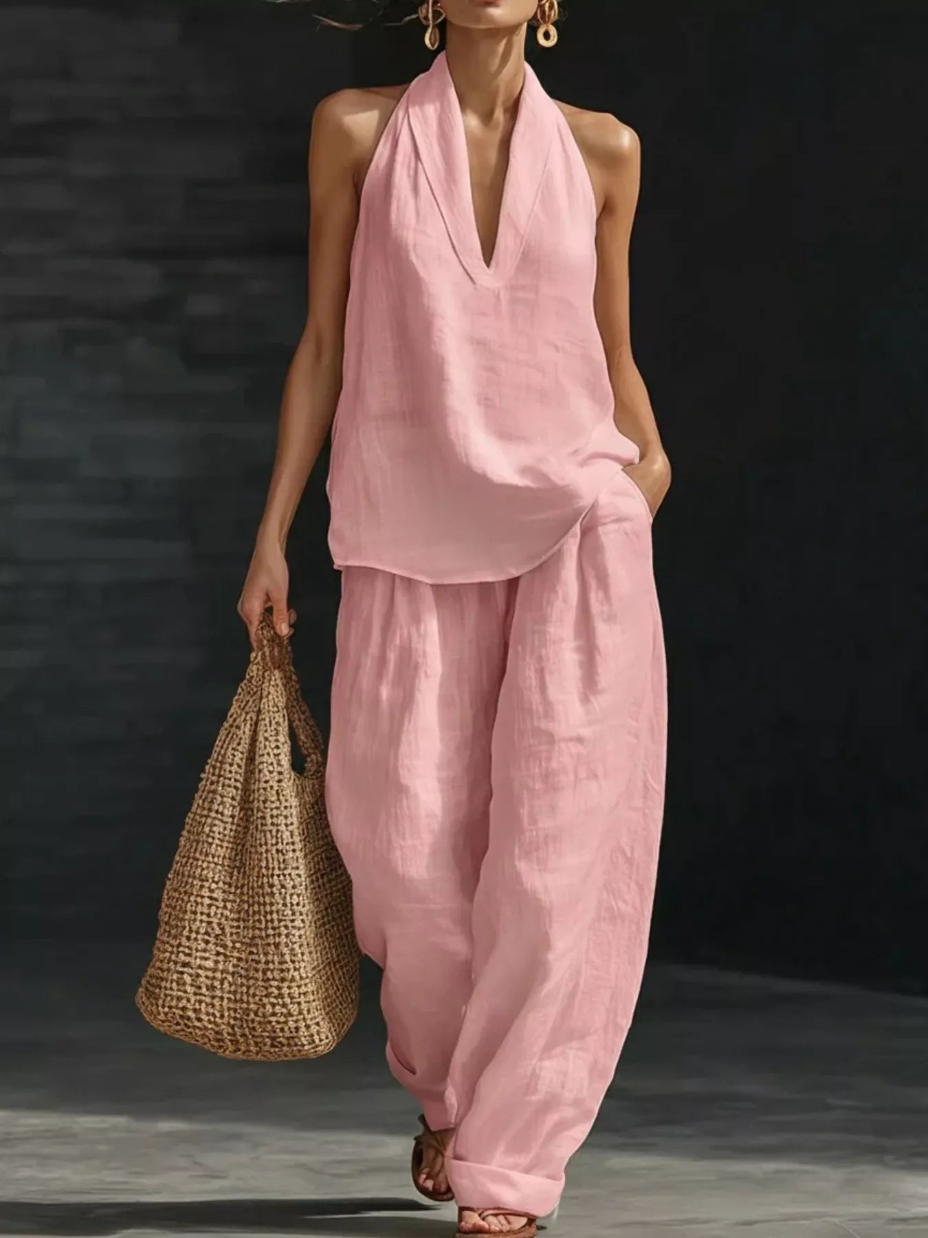 Full Size Halter Neck Top and Wide Leg Pants Set Plus Size