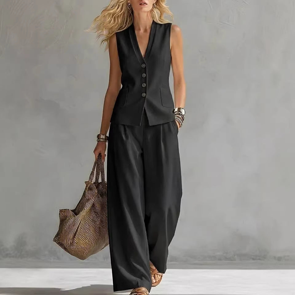 Two-piece V-Neck Sleeveless Vest And Wide Leg Pants For Women Summer Solid-Colored Sleeveless Casual Linen Tank Top And Pants Set - FocusForge