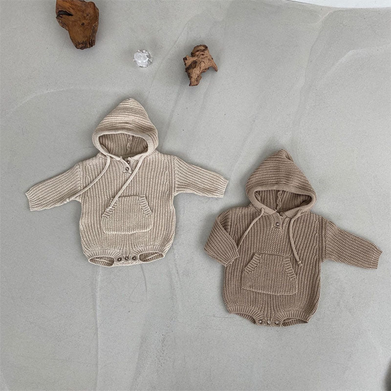Baby Boys And Girls Pocket Hooded Knitted Jumpsuit Romper - FocusForge