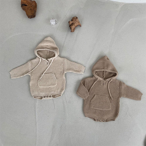 Baby Boys And Girls Pocket Hooded Knitted Jumpsuit Romper - FocusForge