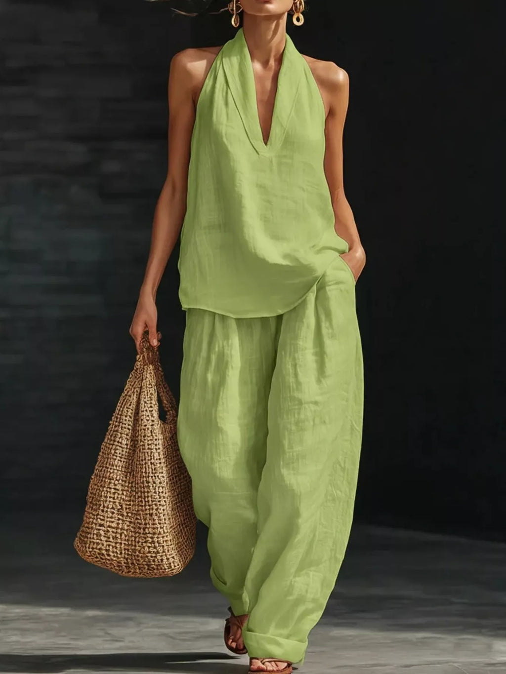 Full Size Halter Neck Top and Wide Leg Pants Set Plus Size