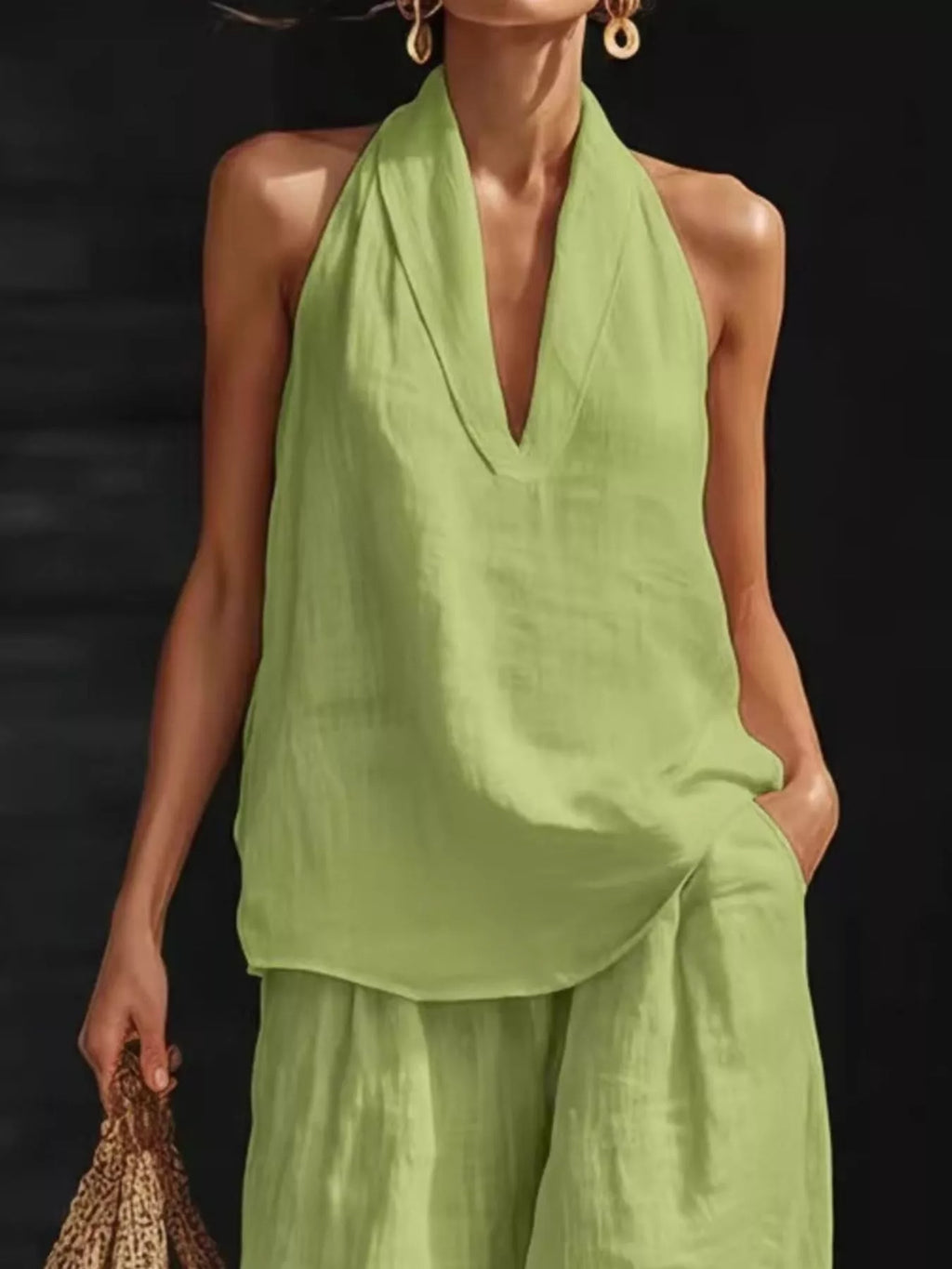 Full Size Halter Neck Top and Wide Leg Pants Set Plus Size