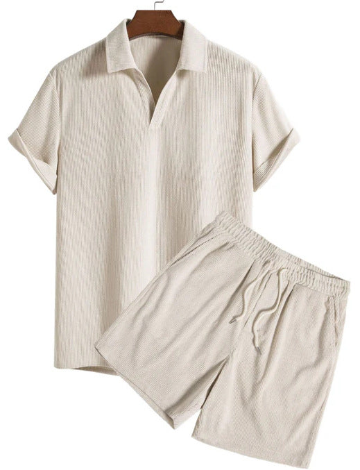 Men's Corduroy Short Sleeve Beach Set — Loose Fit Summer Outfit - FocusForge