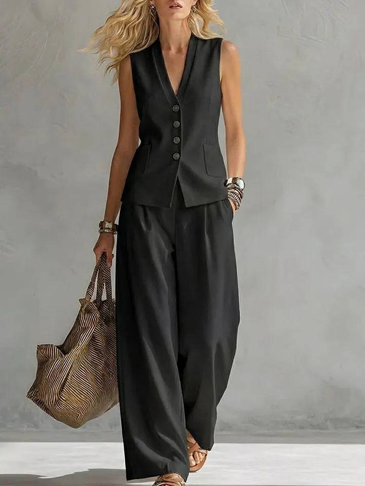 Two-piece V-Neck Sleeveless Vest And Wide Leg Pants For Women Summer Solid-Colored Sleeveless Casual Linen Tank Top And Pants Set - FocusForge