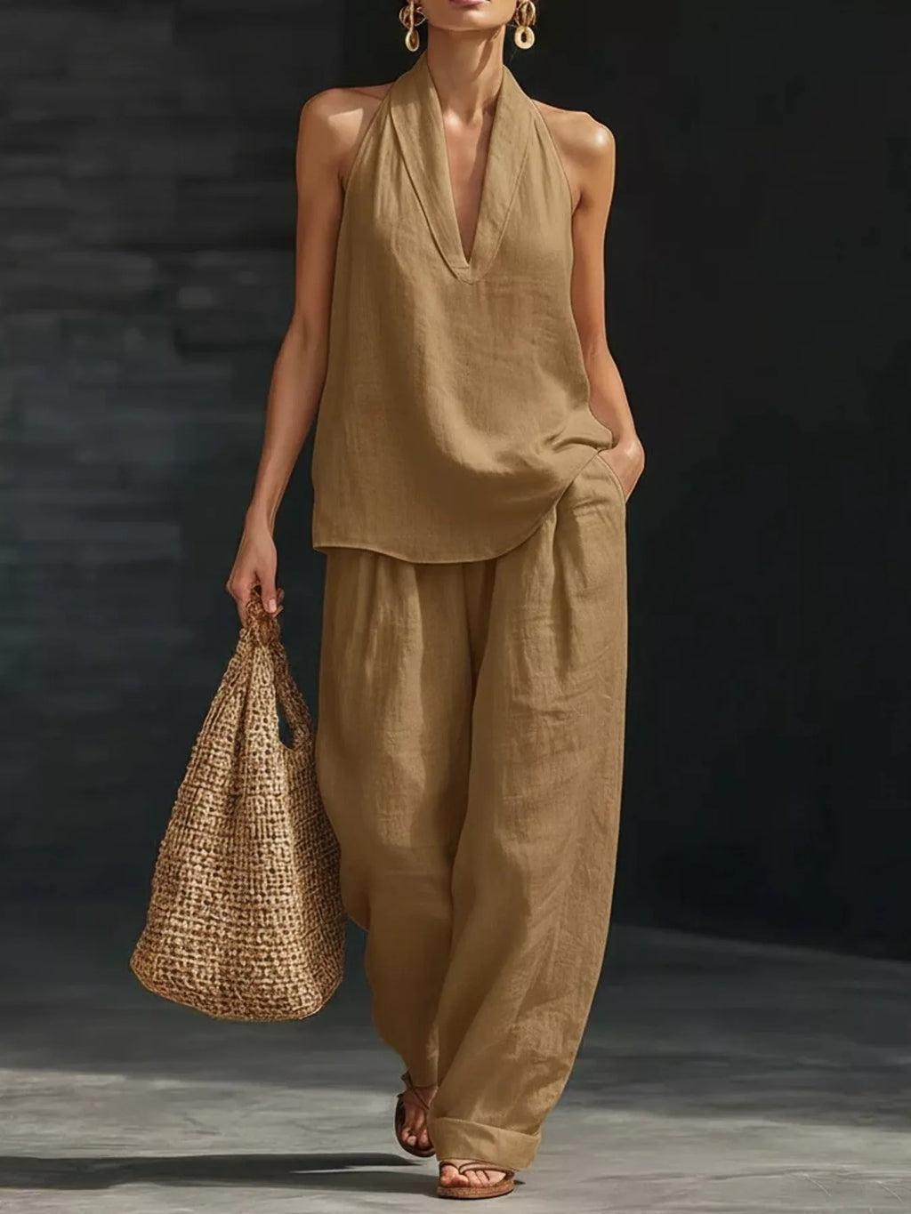 Full Size Halter Neck Top and Wide Leg Pants Set Plus Size