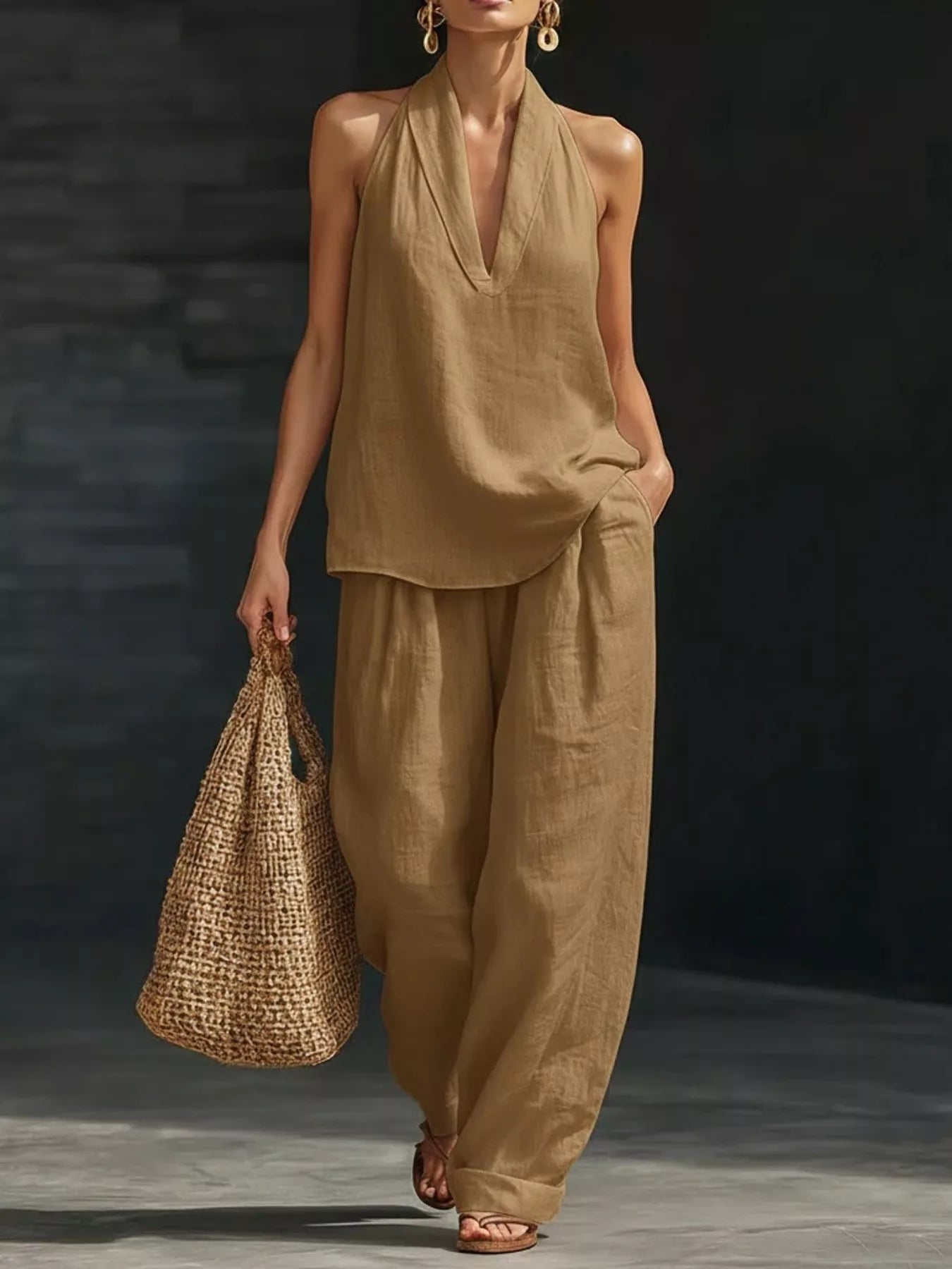 Full Size Halter Neck Top and Wide Leg Pants Set Plus Size