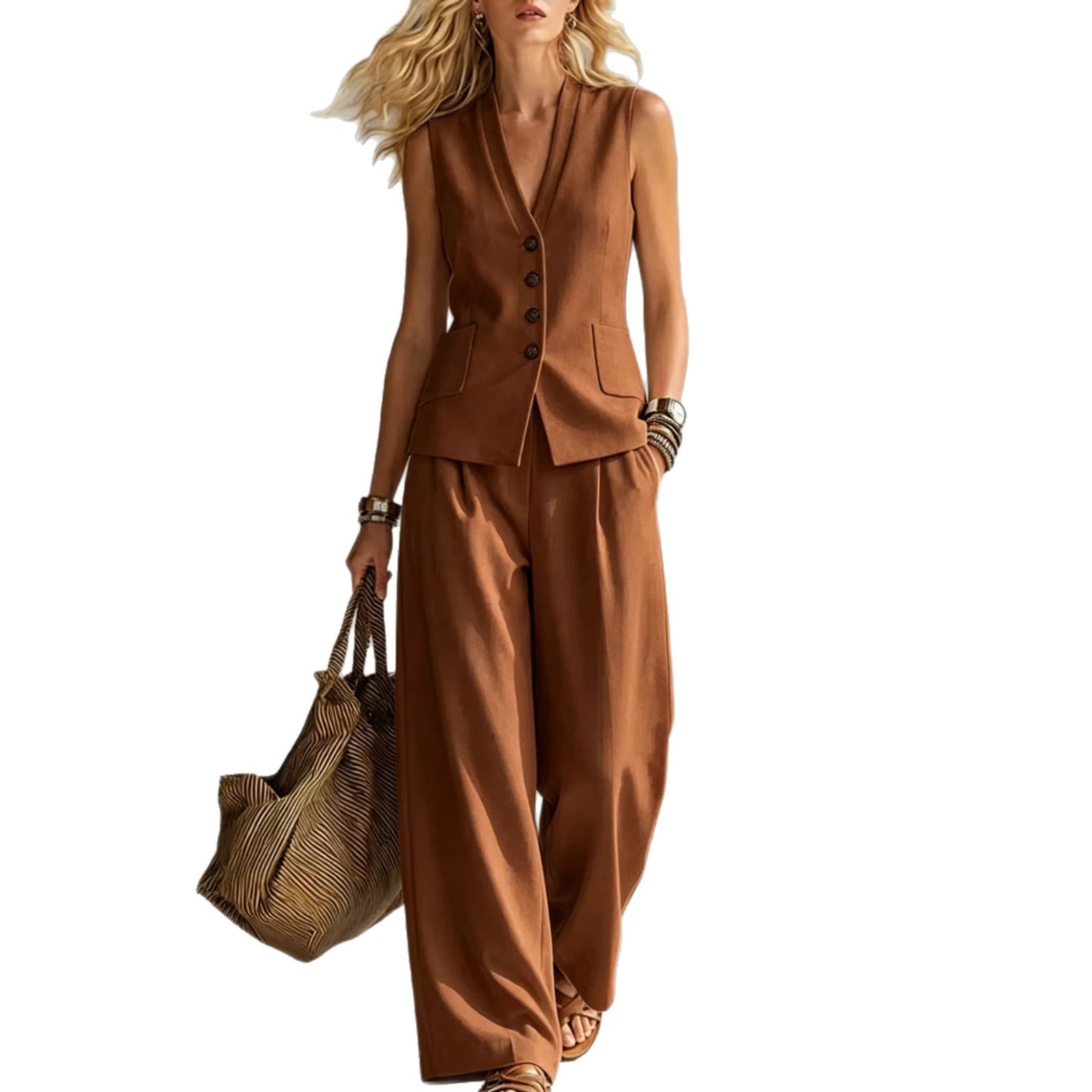 Two-piece V-Neck Sleeveless Vest And Wide Leg Pants For Women Summer Solid-Colored Sleeveless Casual Linen Tank Top And Pants Set - FocusForge