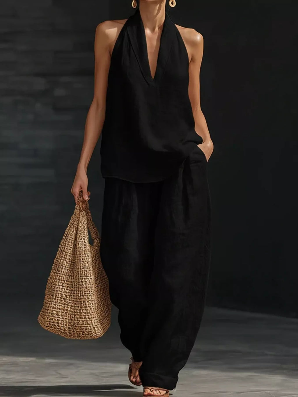 Full Size Halter Neck Top and Wide Leg Pants Set Plus Size