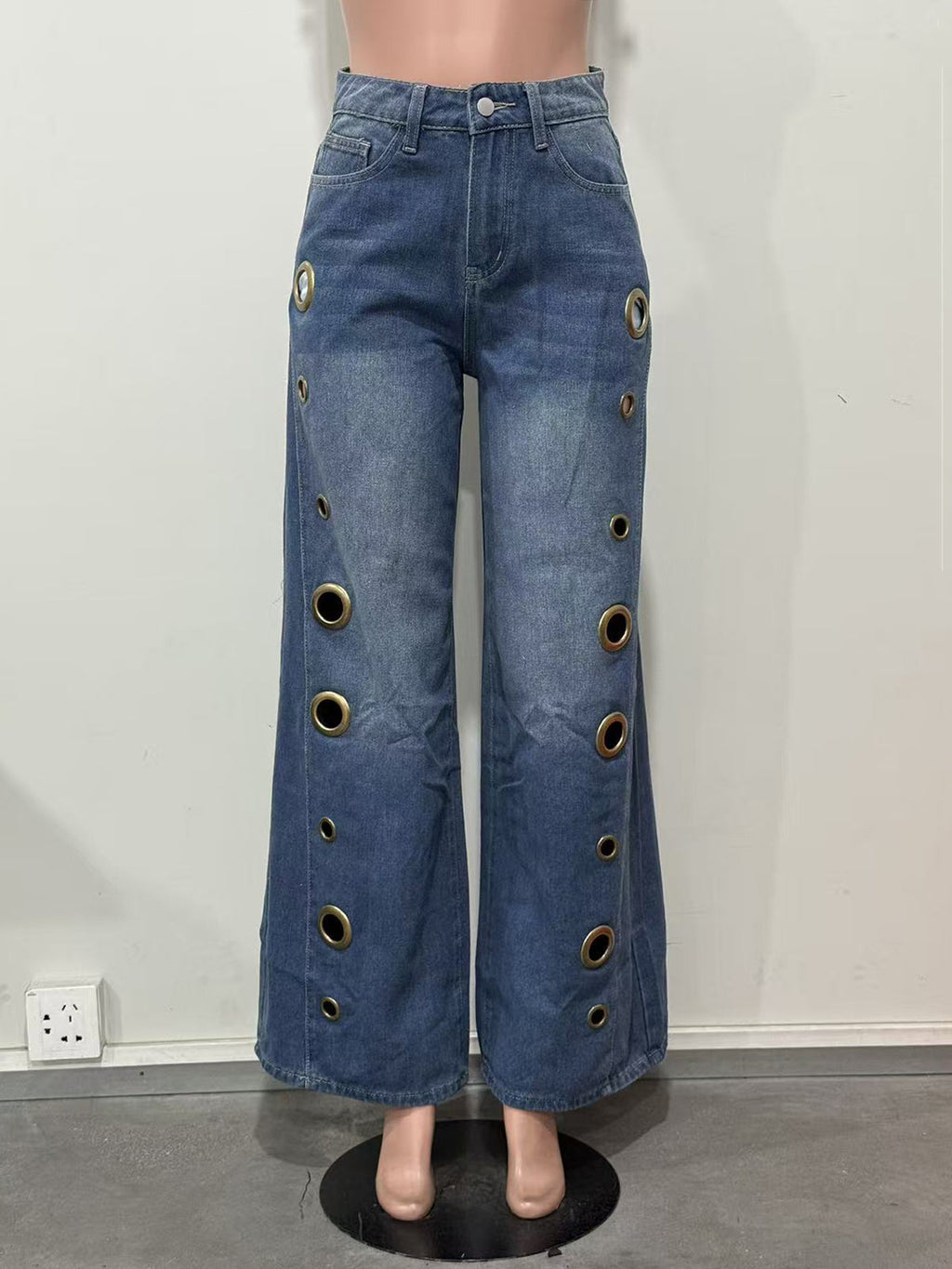 High Waist Loose Geometric Hollow Pockets Split Jeans