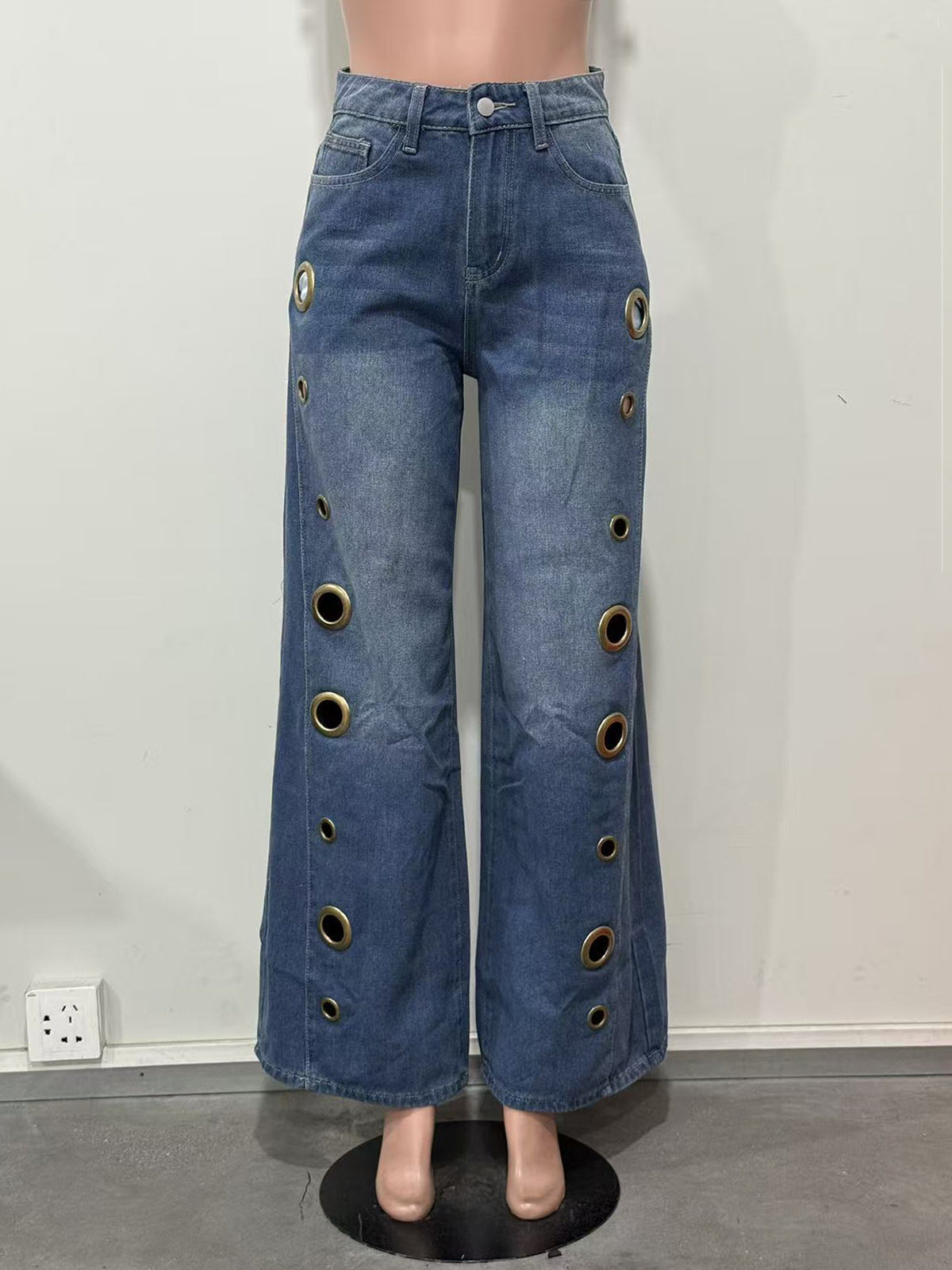 High Waist Loose Geometric Hollow Pockets Split Jeans