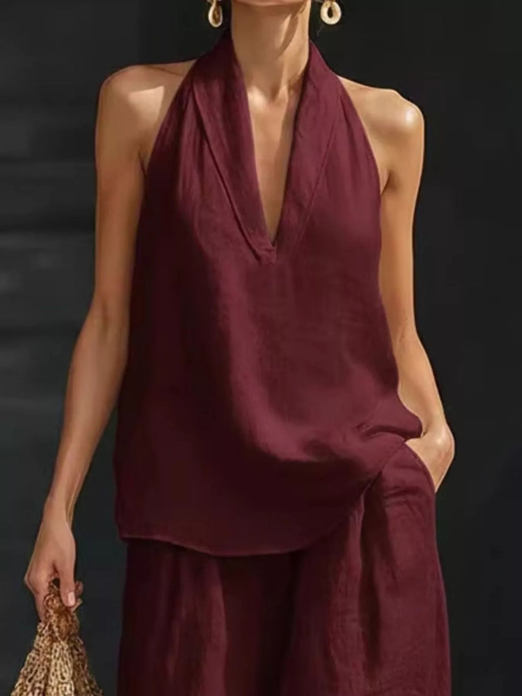 Full Size Halter Neck Top and Wide Leg Pants Set Plus Size
