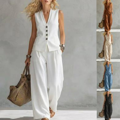 Two-piece V-Neck Sleeveless Vest And Wide Leg Pants For Women Summer Solid-Colored Sleeveless Casual Linen Tank Top And Pants Set - FocusForge