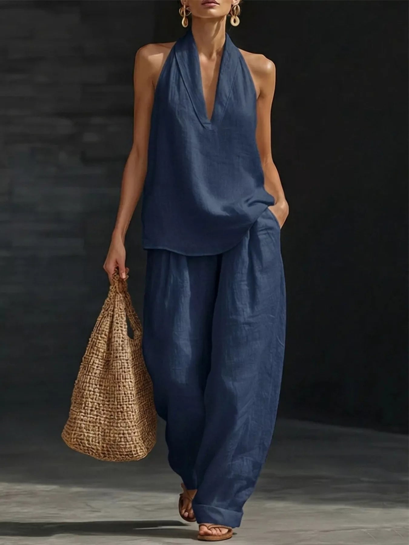 Full Size Halter Neck Top and Wide Leg Pants Set Plus Size