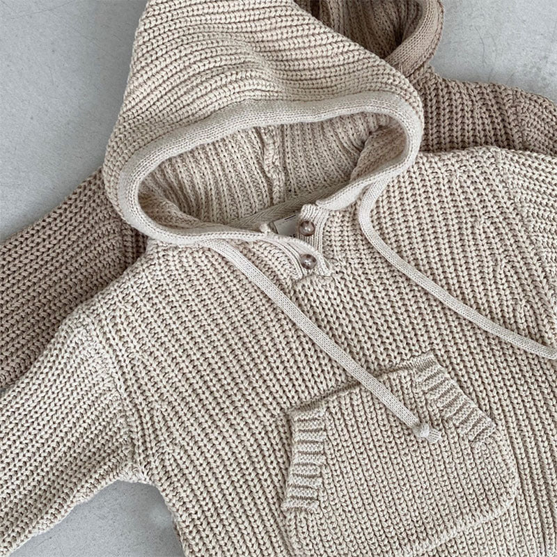 Baby Boys And Girls Pocket Hooded Knitted Jumpsuit Romper - FocusForge