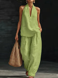 Full Size Halter Neck Top and Wide Leg Pants Set Plus Size
