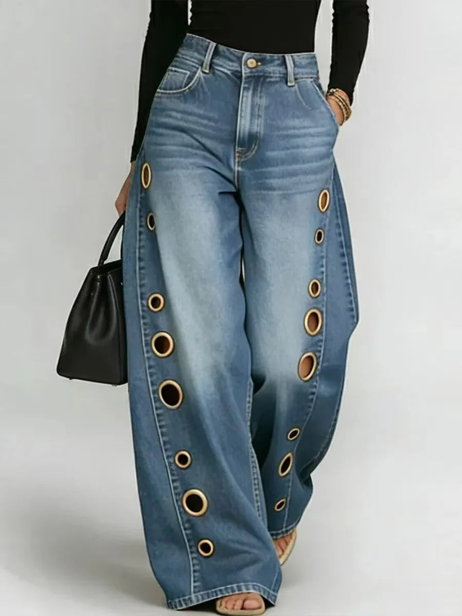 High Waist Loose Geometric Hollow Pockets Split Jeans