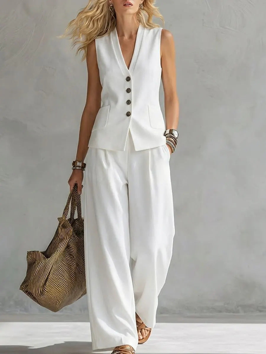 Two-piece V-Neck Sleeveless Vest And Wide Leg Pants For Women Summer Solid-Colored Sleeveless Casual Linen Tank Top And Pants Set - FocusForge