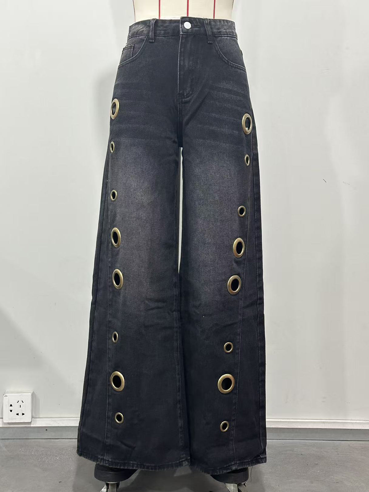 High Waist Loose Geometric Hollow Pockets Split Jeans