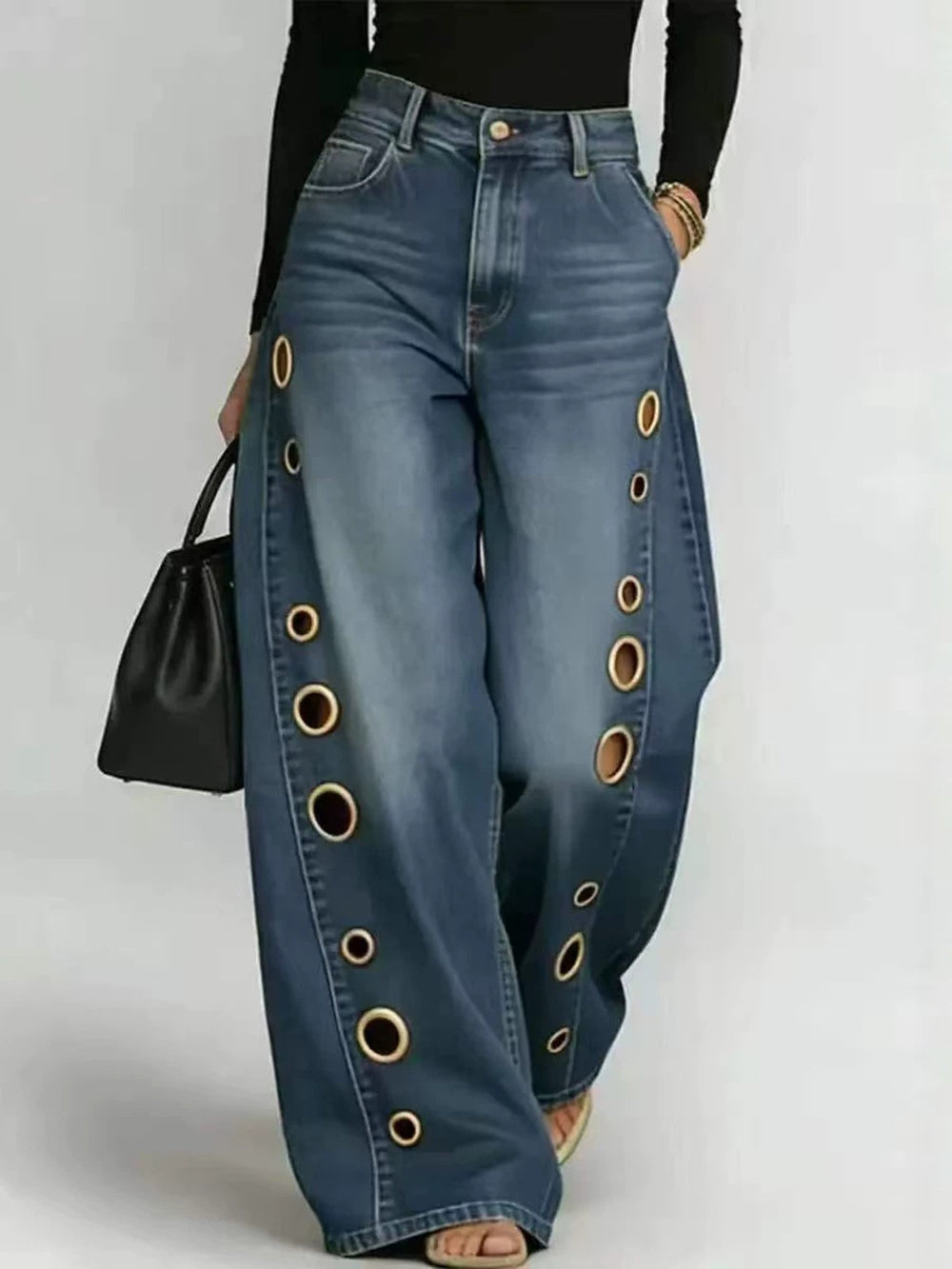 High Waist Loose Geometric Hollow Pockets Split Jeans