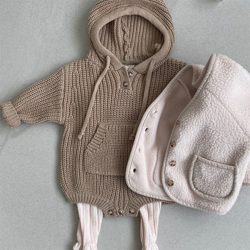 Baby Boys And Girls Pocket Hooded Knitted Jumpsuit Romper - FocusForge