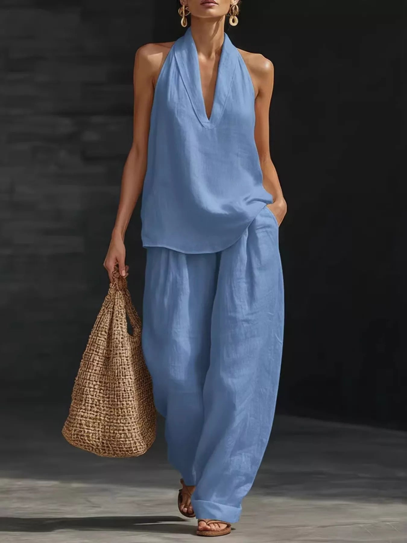 Full Size Halter Neck Top and Wide Leg Pants Set Plus Size