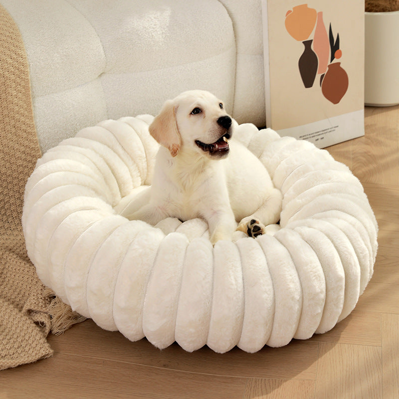 Round plush pet bed close-up of soft plush
