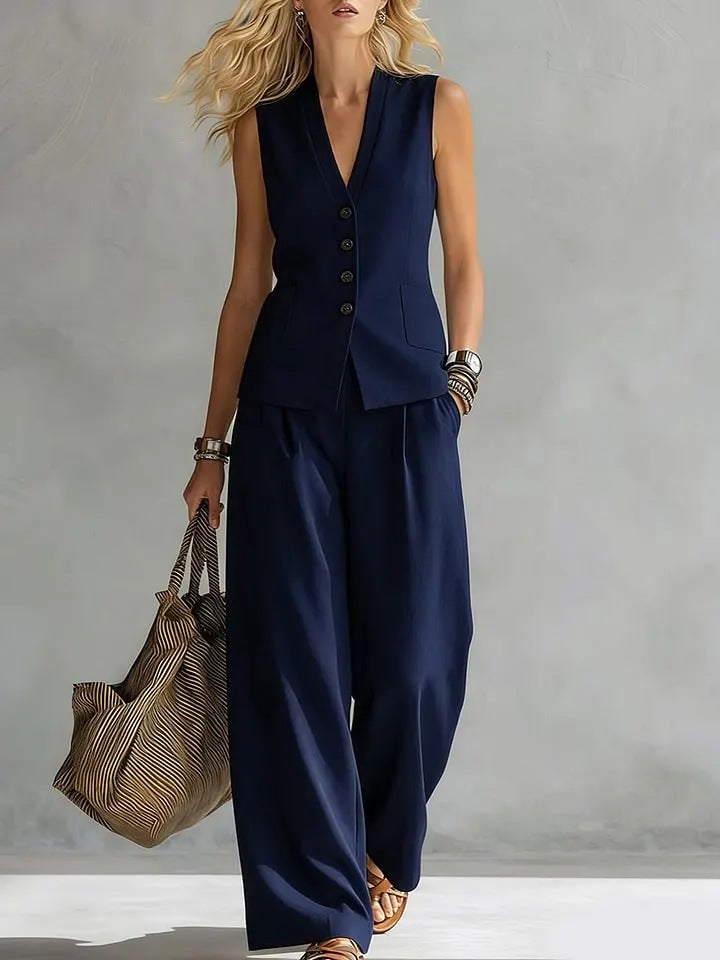 Two-piece V-Neck Sleeveless Vest And Wide Leg Pants For Women Summer Solid-Colored Sleeveless Casual Linen Tank Top And Pants Set - FocusForge