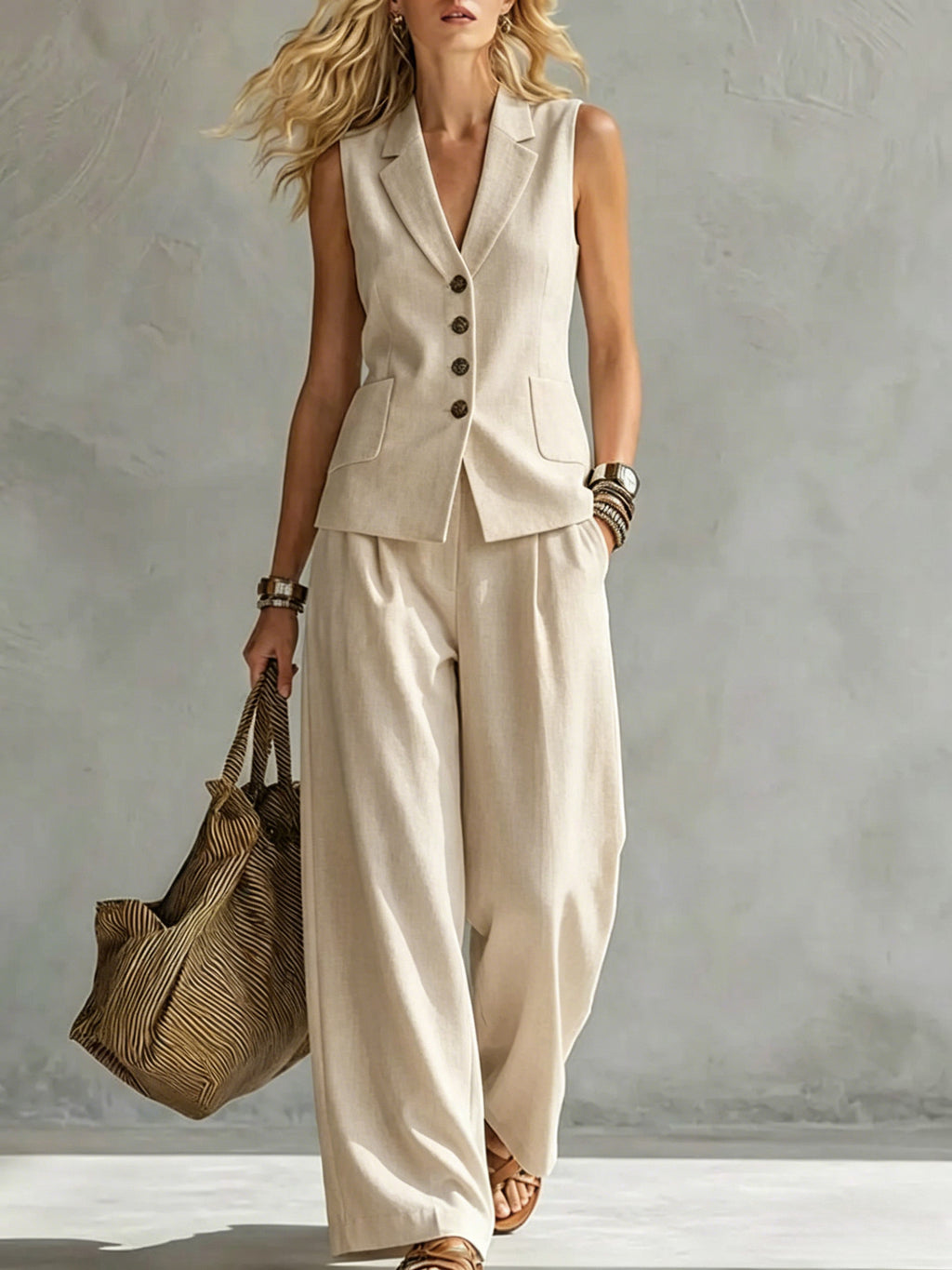 Two-piece V-Neck Sleeveless Vest And Wide Leg Pants For Women Summer Solid-Colored Sleeveless Casual Linen Tank Top And Pants Set - FocusForge