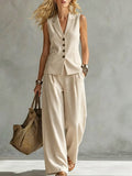 Two-piece V-Neck Sleeveless Vest And Wide Leg Pants For Women Summer Solid-Colored Sleeveless Casual Linen Tank Top And Pants Set - FocusForge
