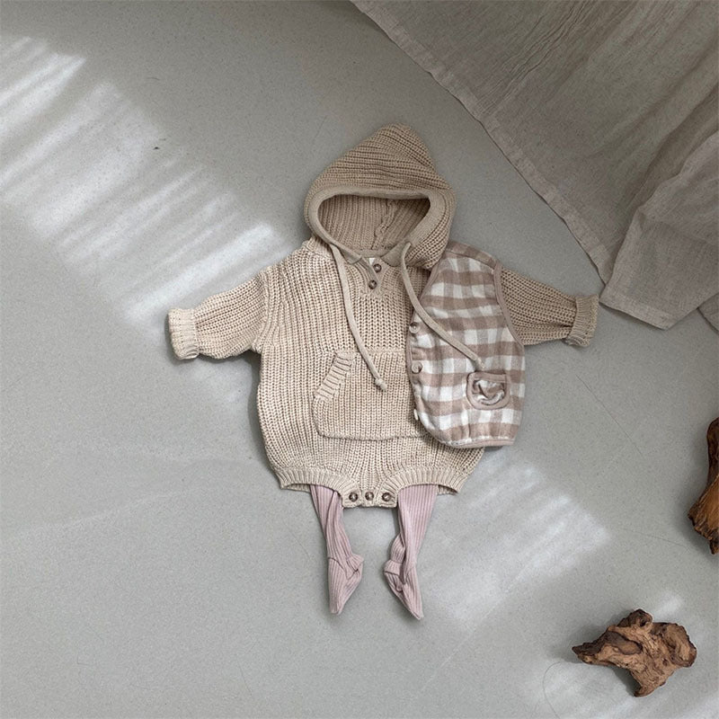 Baby Boys And Girls Pocket Hooded Knitted Jumpsuit Romper - FocusForge