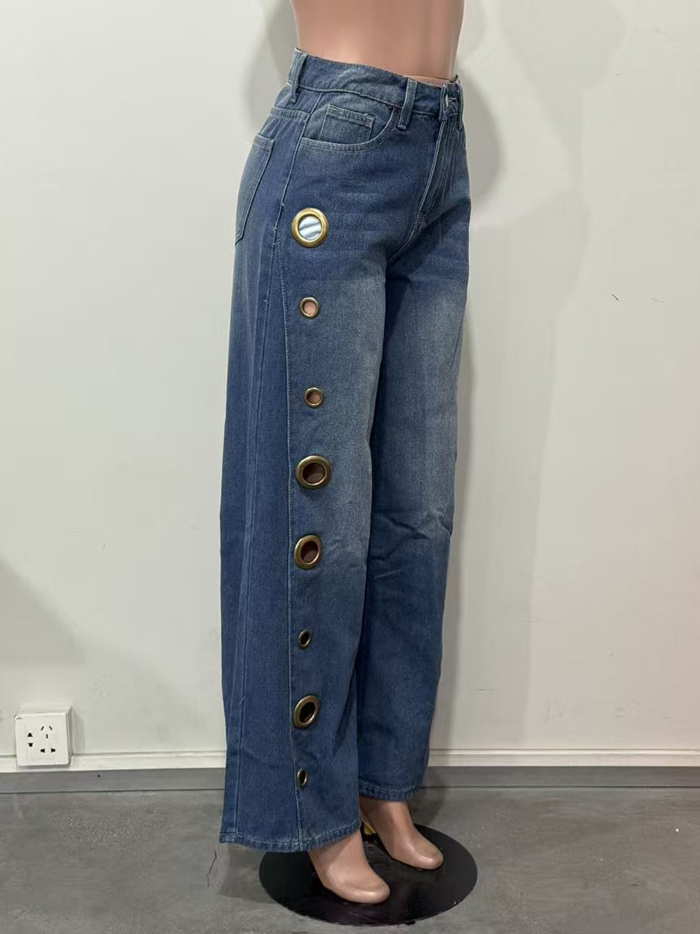 High Waist Loose Geometric Hollow Pockets Split Jeans