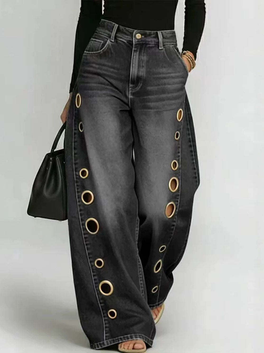 High Waist Loose Geometric Hollow Pockets Split Jeans
