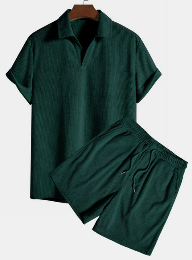 Men's Corduroy Short Sleeve Beach Set — Loose Fit Summer Outfit - FocusForge