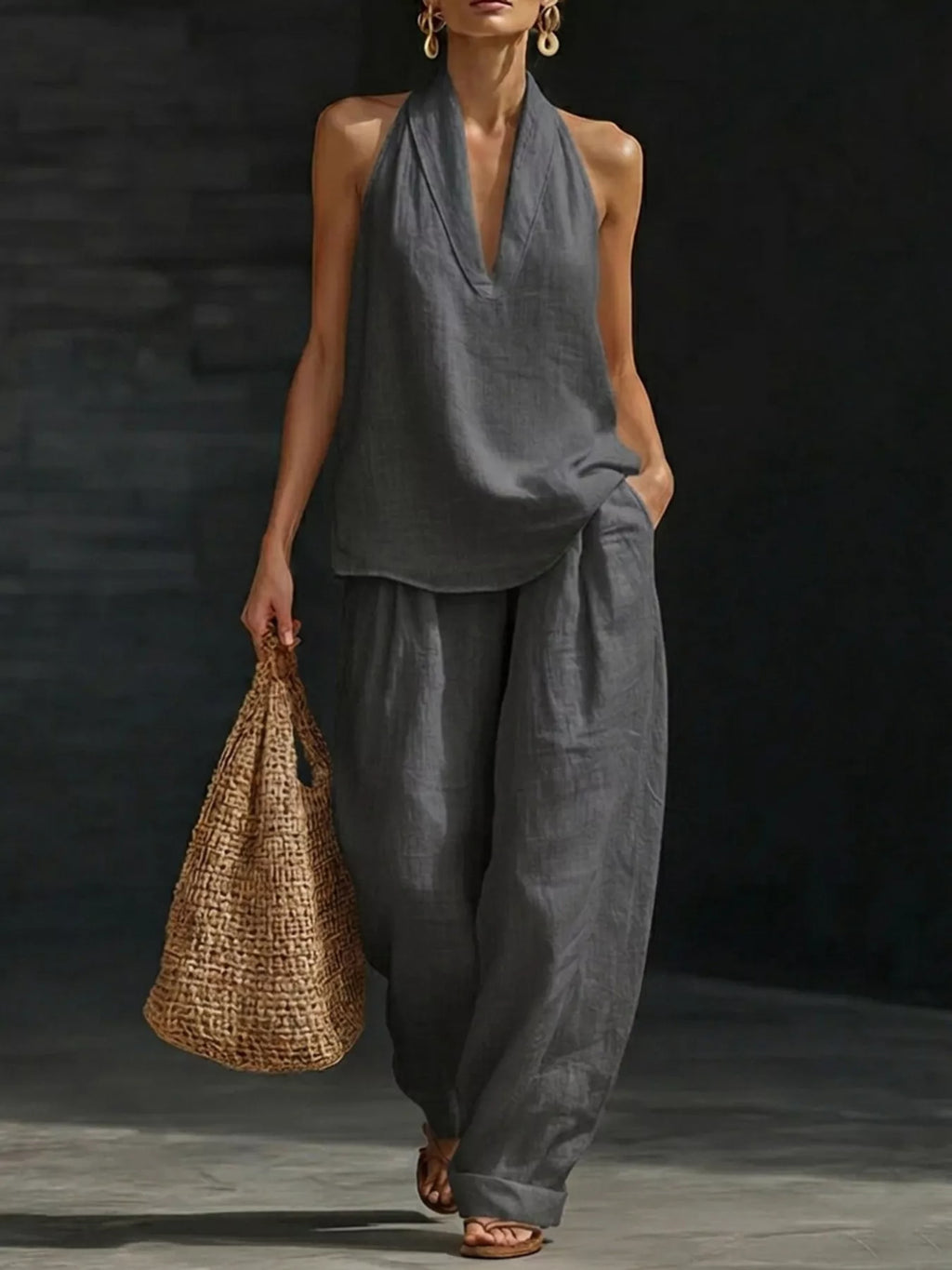 Full Size Halter Neck Top and Wide Leg Pants Set Plus Size