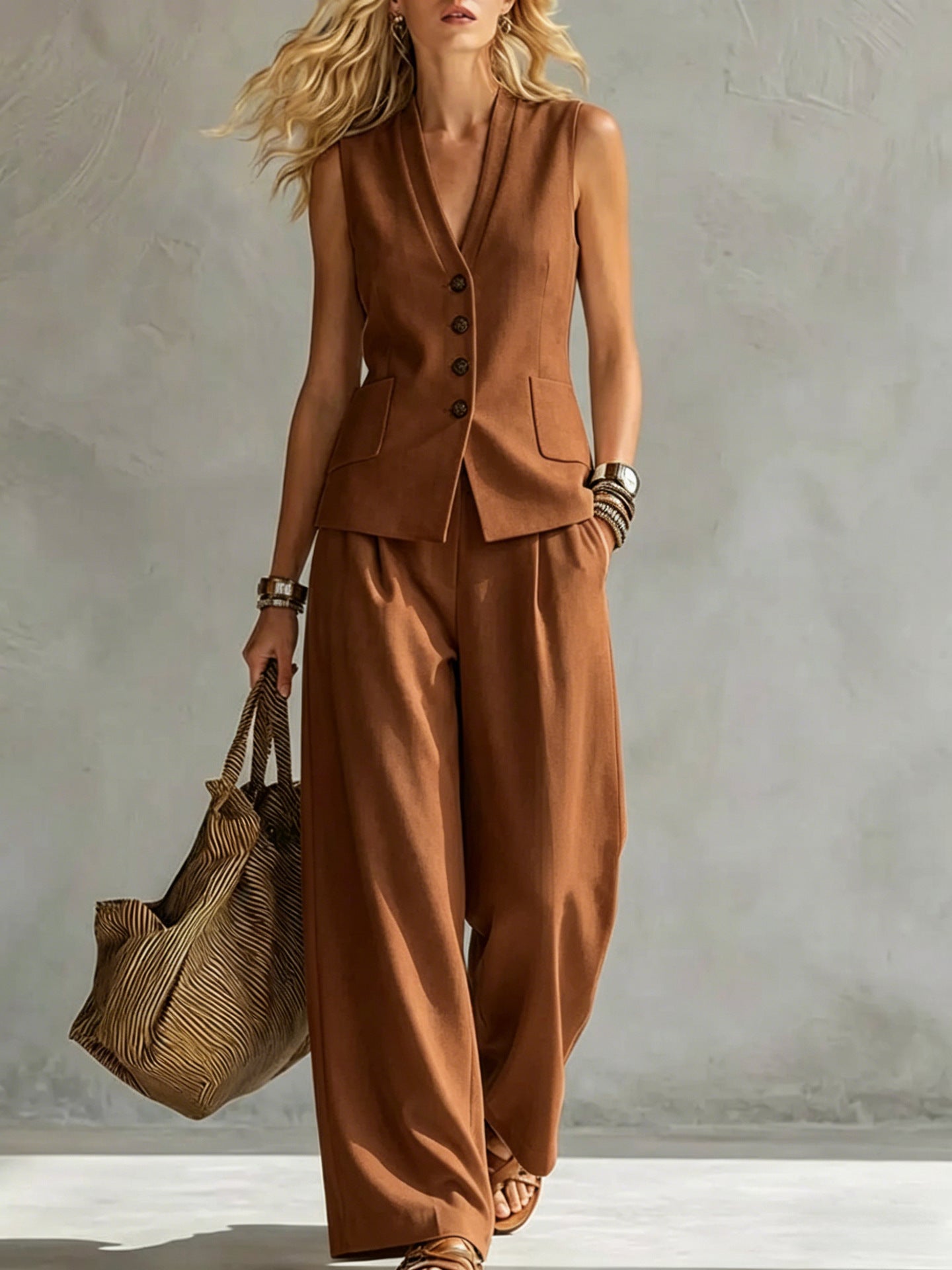 Two-piece V-Neck Sleeveless Vest And Wide Leg Pants For Women Summer Solid-Colored Sleeveless Casual Linen Tank Top And Pants Set - FocusForge